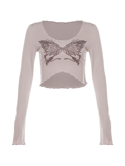 Butterfly Print Fungus Crop Long Sleeve Tee