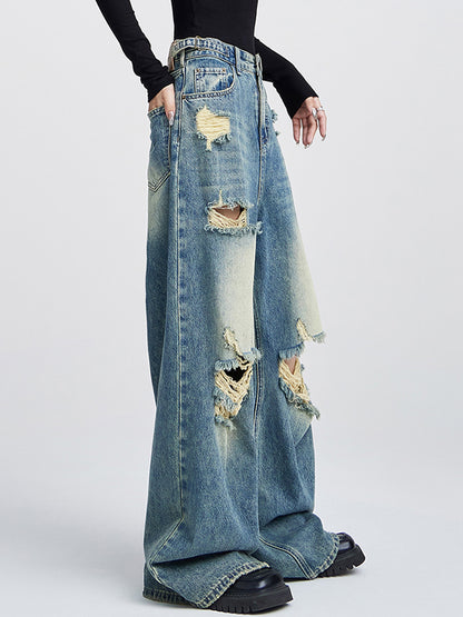 Loose high-waisted versatile straight leg Ripped Jeans