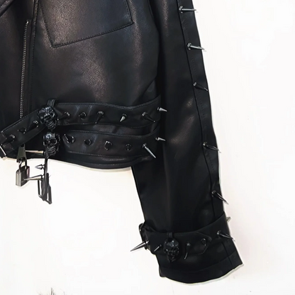 PU leather long sleeve zip-up rivet applique o ring top  | Festival Outfits Women