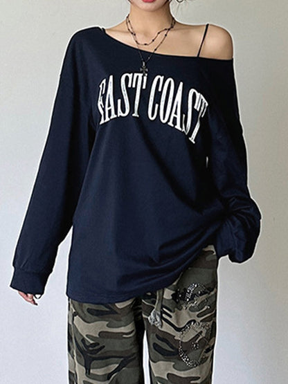 Vintage Blue Street Fashion Slope Neck Print Sweatshirts