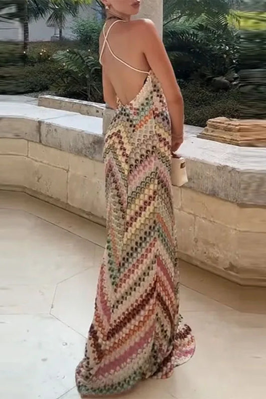 Contrast Color V-Neck Boho Dress