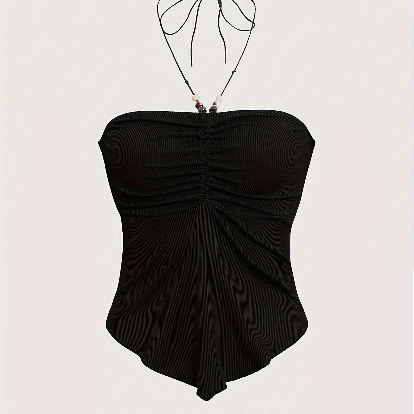 Solid Color Stretchy Polyester Blend Halter Neck Top - Y2K-Inspired Beaded Detail, Perfect for All Seasons