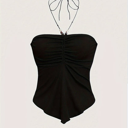Solid Color Stretchy Polyester Blend Halter Neck Top - Y2K-Inspired Beaded Detail, Perfect for All Seasons