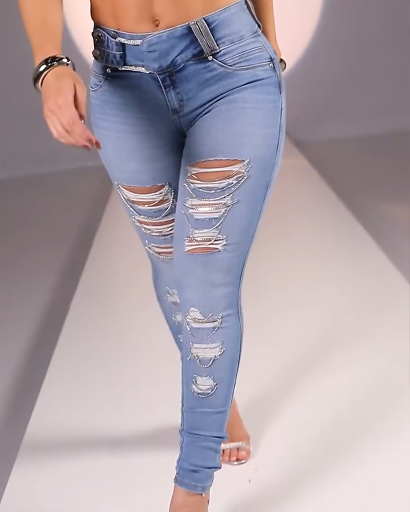 Decorative Ripped Slim-Fit Jeans (Pre-Sale)