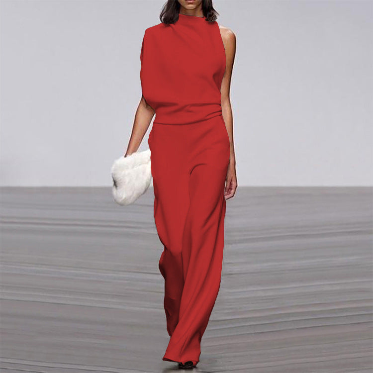 Women Pants Solid Color One Shoulder Pile Collar Jumpsuit Popular Dress Trousers