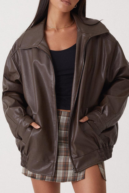 PU Leather Moto Oversized Collar Jacket