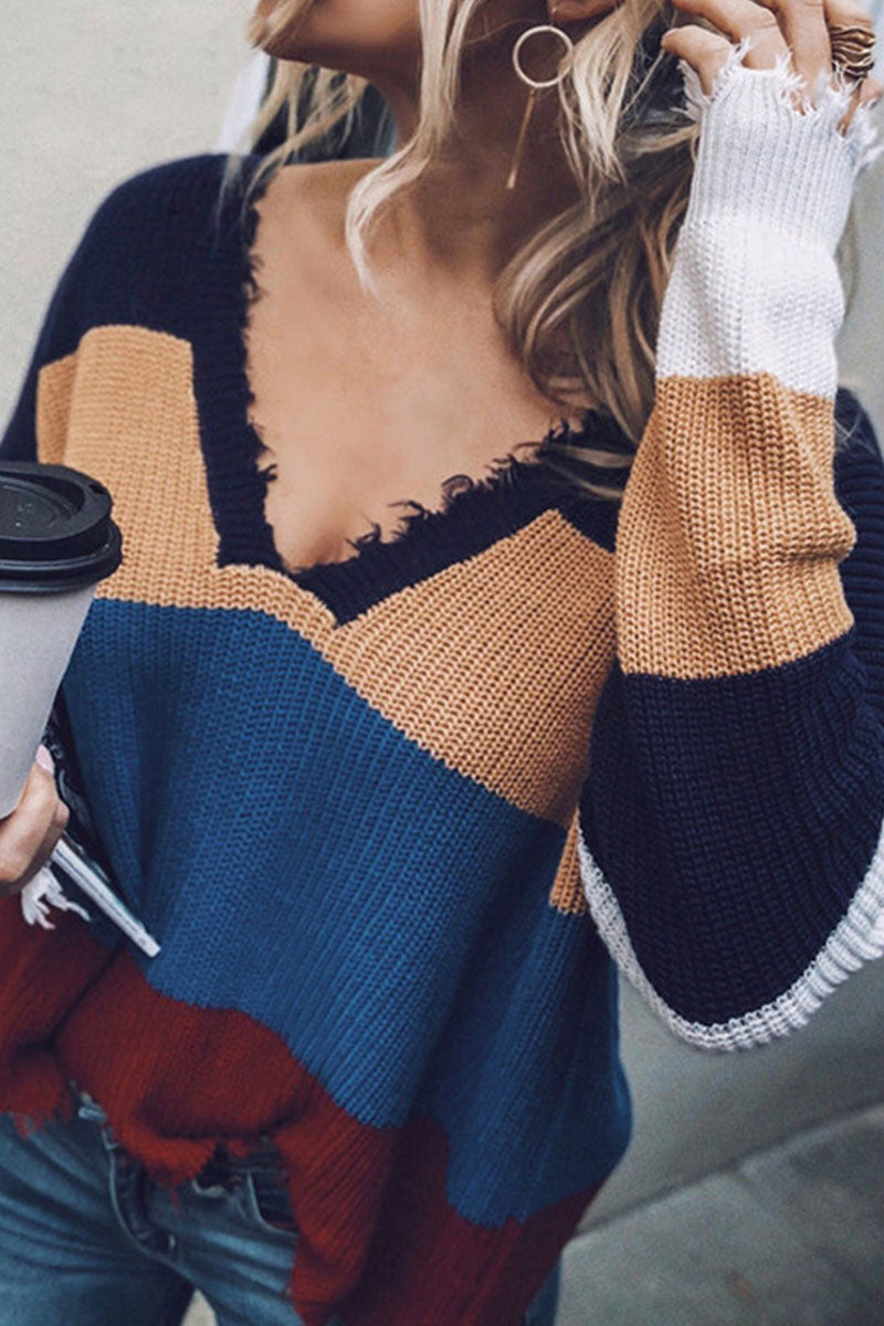 Suéteres de cuello en V con borlas y patchwork de moda urbana