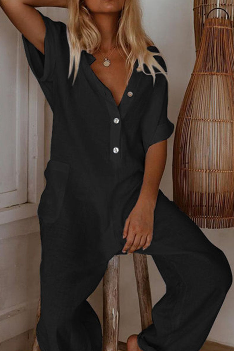 Fashion Casual Solid V Neck Loose Jumpsuits(3 Colors)