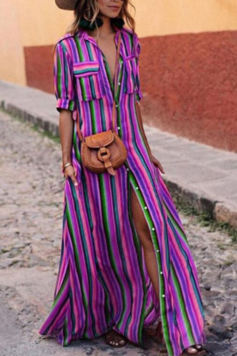 Vestido camisero de rayas con cuello vuelto (4 colores)
