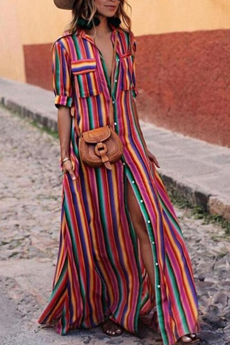 Vestido camisero de rayas con cuello vuelto (4 colores)