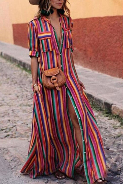 Vestido camisero de rayas con cuello vuelto (4 colores)