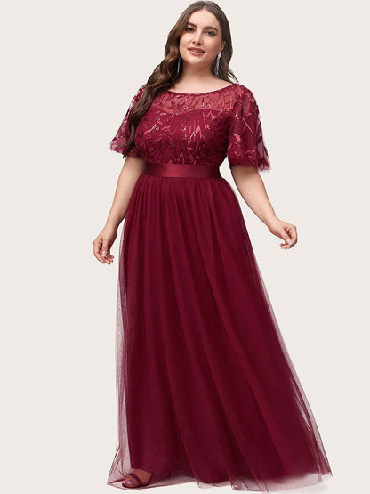Leaf Sequin Bodice Mesh Party Dress