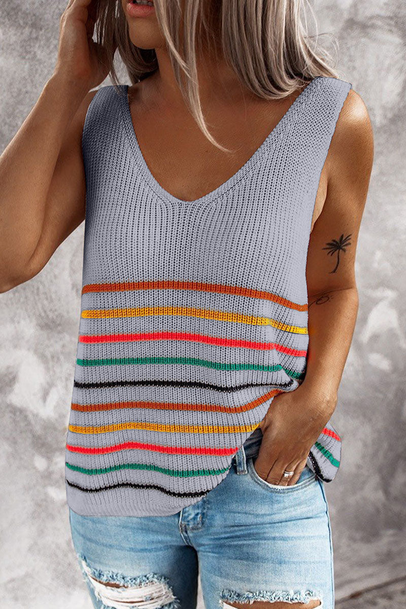 Fashion Casual Striped Patchwork V Neck Tops(4 colors)