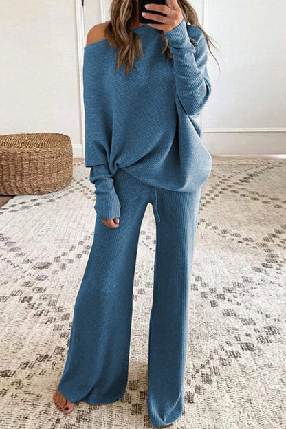 Conjunto de dos piezas de manga larga y cuello redondo liso de estilo británico (4 colores)