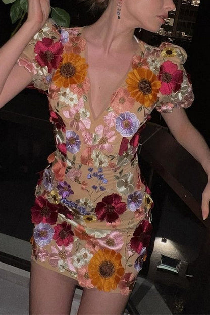 V Neck Puff Sleeves Embroidered Floral Mini Dress