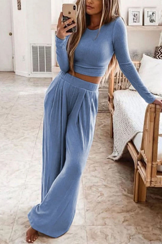 Elegante conjunto de dos piezas liso sin cinturón, cuello redondo, manga larga (4 colores)