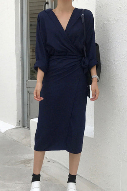 Vestido de calle liso con cuello en V, estilo vendaje, patchwork, irregular (3 colores)