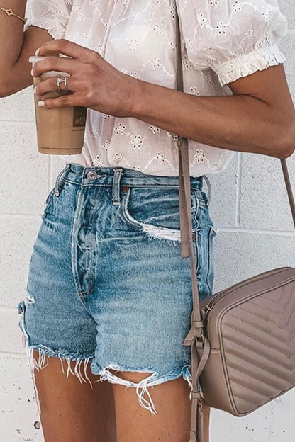 Denim recto de cintura media con borlas y patchwork informal