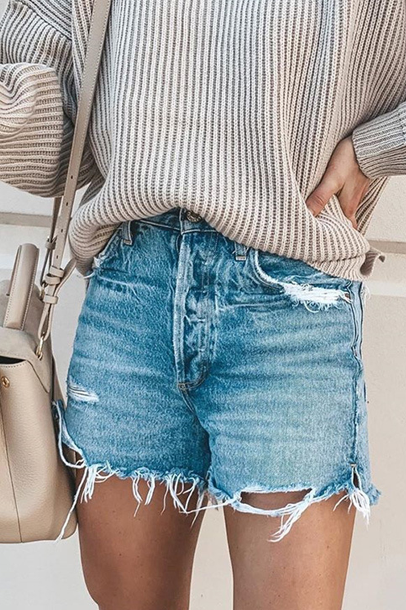 Denim recto de cintura media con borlas y patchwork informal