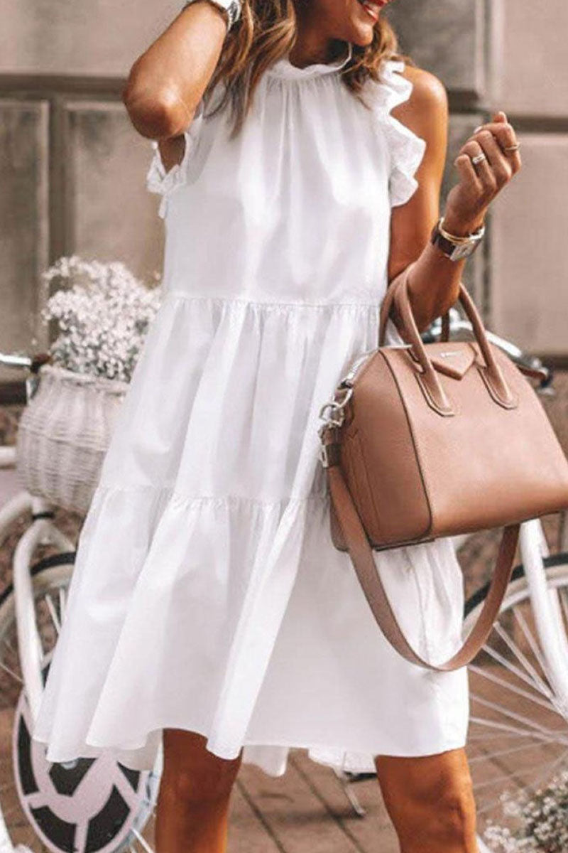 Vestidos de moda con cuello en A, línea A, con volantes y patchwork liso