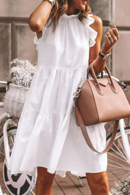 Vestidos de moda con cuello en A, línea A, con volantes y patchwork liso