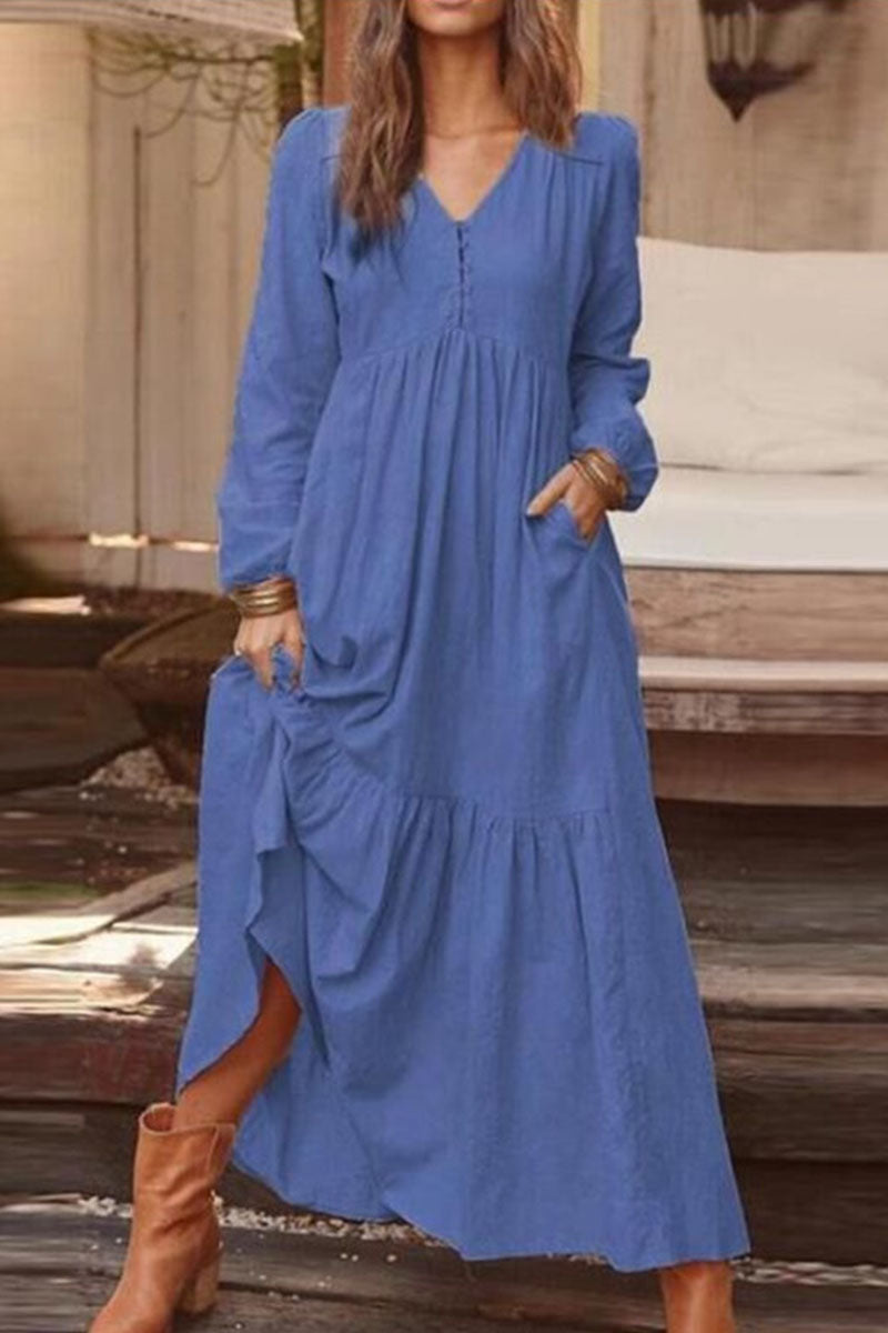 Vestidos casuales de moda con cuello en V, patchwork liso, corte A (5 colores)
