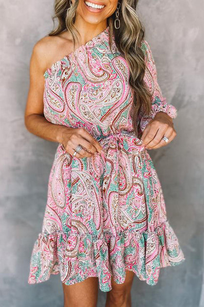 Elegant Print One Shoulder A Line Dresses
