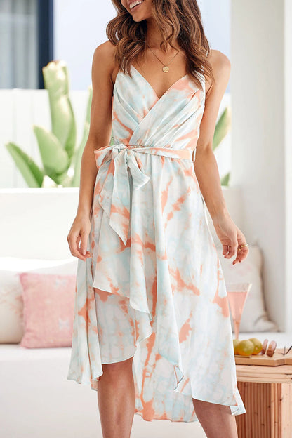 Vestidos irregulares con cuello en V y frenillo con estampado dulce de moda