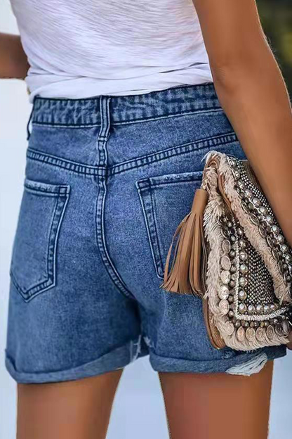 Pantalones cortos vaqueros rectos de cintura media con rotos y diseño de calle (3 colores)