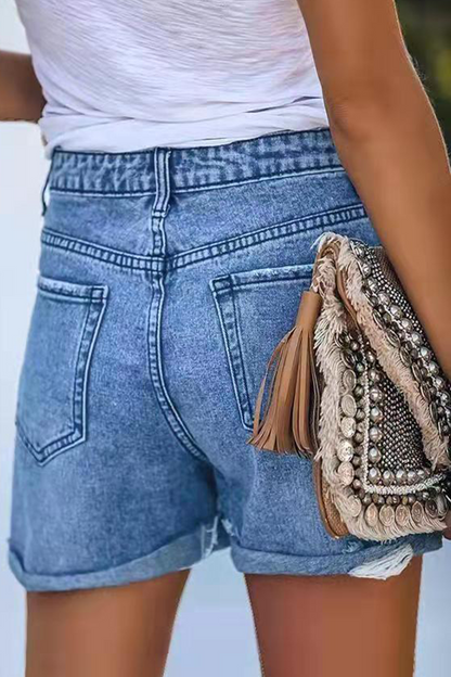 Pantalones cortos vaqueros rectos de cintura media con rotos y diseño de calle (3 colores)