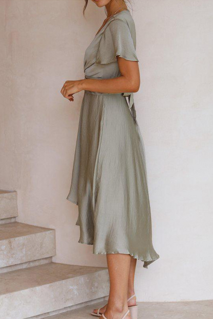 Elegant Solid Knotted With Belt V Neck Irregular Maxi Dresses