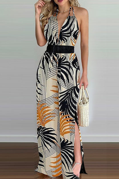 Mono holgado con escote en V y espalda descubierta con estampado de simplicidad de moda