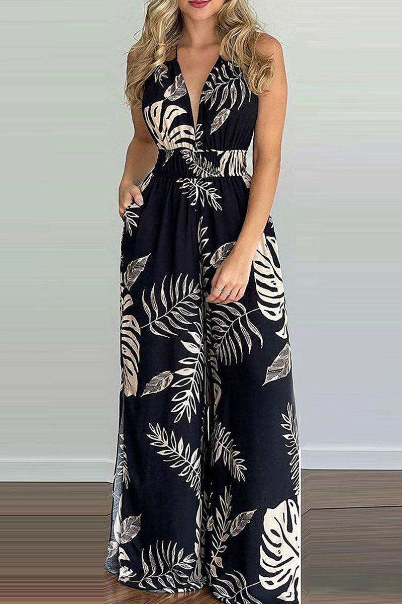 Mono holgado con escote en V y espalda descubierta con estampado de simplicidad de moda