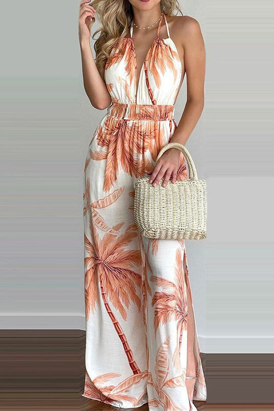 Mono holgado con escote en V y espalda descubierta con estampado de simplicidad de moda