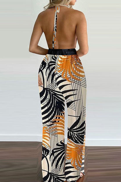 Mono holgado con escote en V y espalda descubierta con estampado de simplicidad de moda
