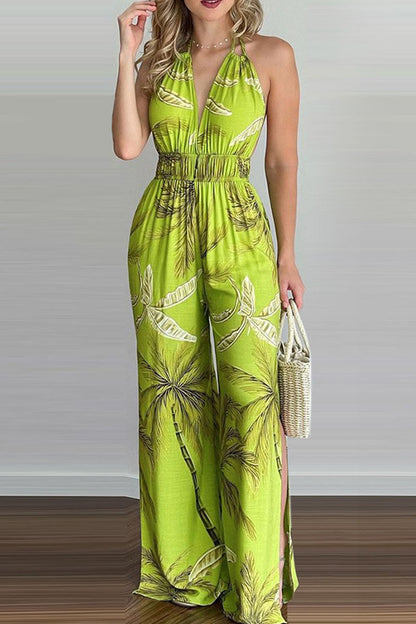 Mono holgado con escote en V y espalda descubierta con estampado de simplicidad de moda