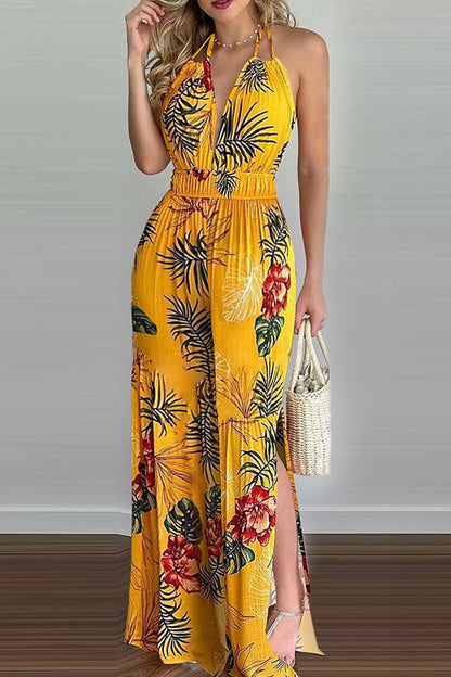 Mono holgado con escote en V y espalda descubierta con estampado de simplicidad de moda