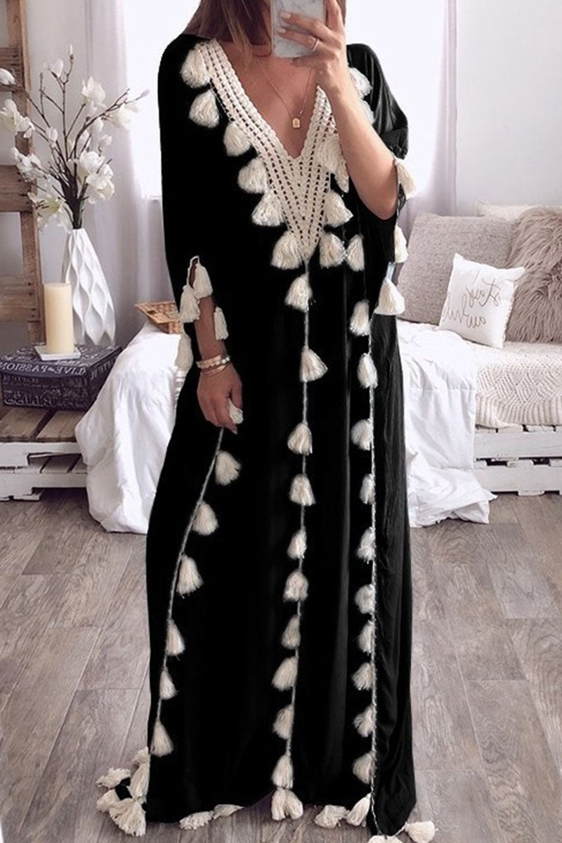 Vestidos rectos de cuello en V con borlas lisas y patchwork de moda urbana (8 colores)