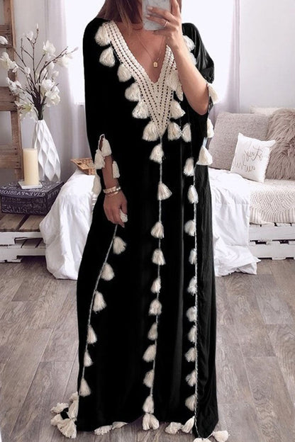 Vestidos rectos de cuello en V con borlas lisas y patchwork de moda urbana (8 colores)