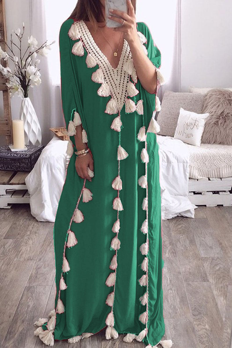 Vestidos rectos de cuello en V con borlas lisas y patchwork de moda urbana (8 colores)