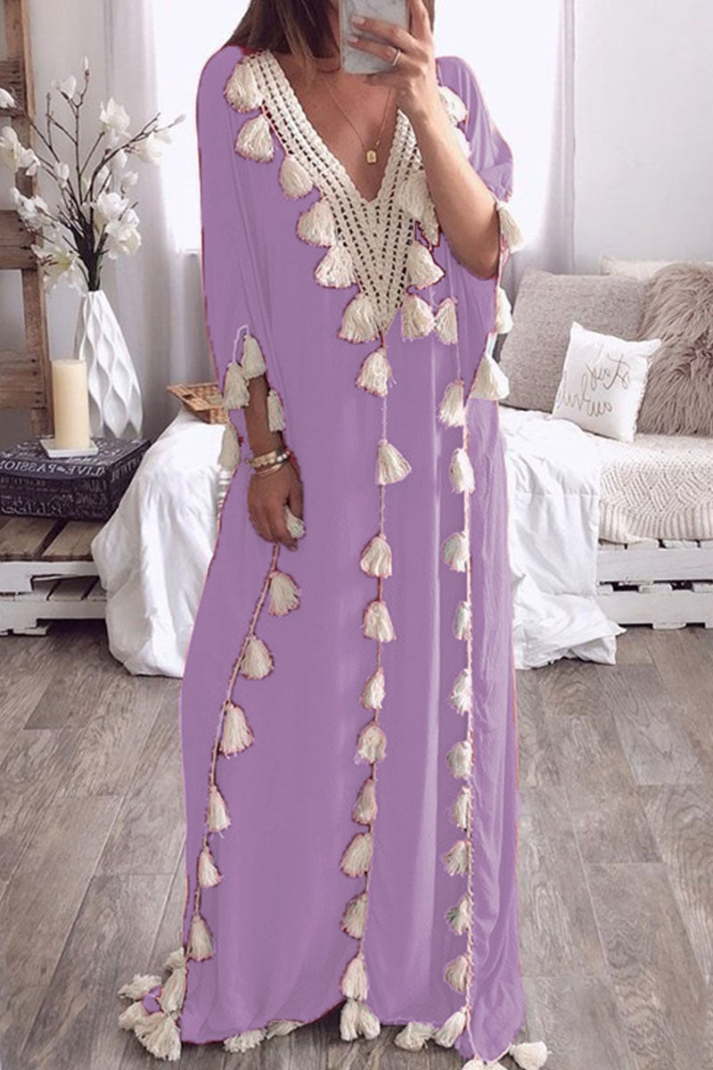 Vestidos rectos de cuello en V con borlas lisas y patchwork de moda urbana (8 colores)