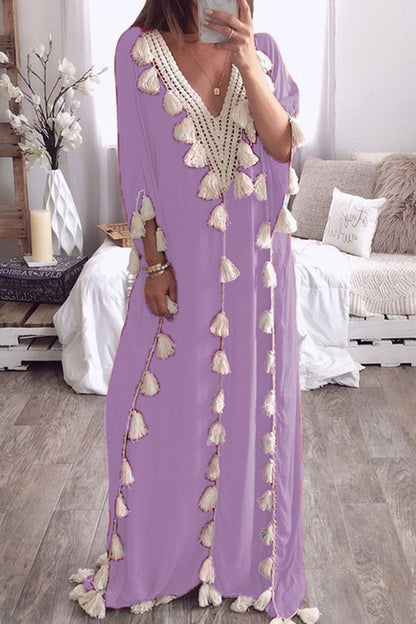 Vestidos rectos de cuello en V con borlas lisas y patchwork de moda urbana (8 colores)