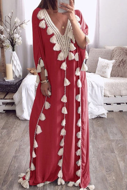 Vestidos rectos de cuello en V con borlas lisas y patchwork de moda urbana (8 colores)