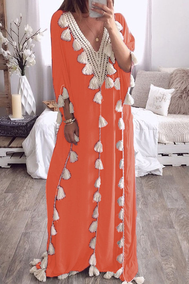Vestidos rectos de cuello en V con borlas lisas y patchwork de moda urbana (8 colores)