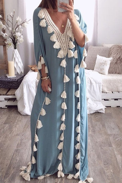 Vestidos rectos de cuello en V con borlas lisas y patchwork de moda urbana (8 colores)