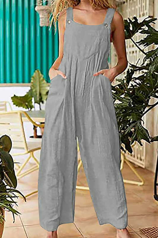 Monos casuales lisos con bolsillos, botones y cuello cuadrado rectos