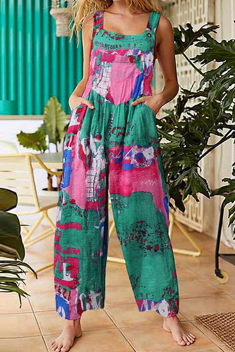 Monos rectos con cuello cuadrado y bolsillo dividido con estampado informal