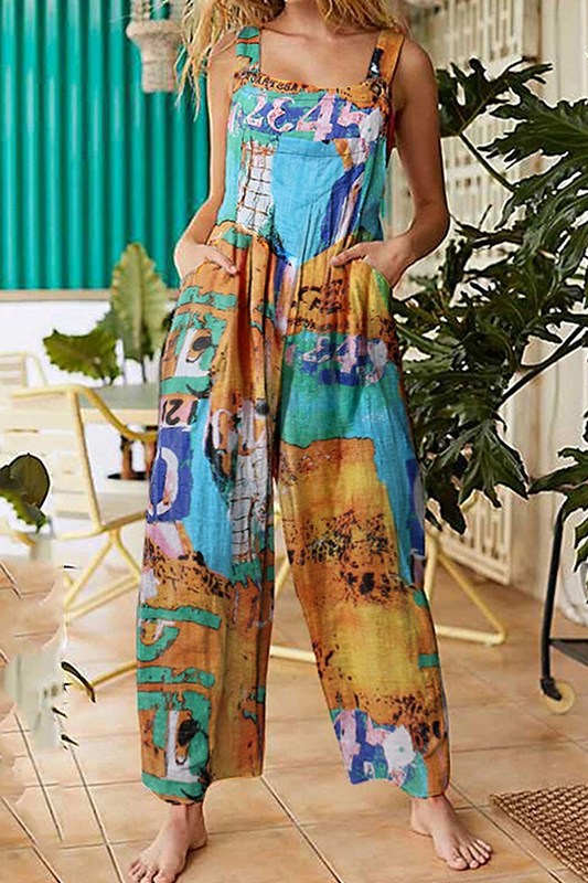 Monos rectos con cuello cuadrado y bolsillo dividido con estampado informal