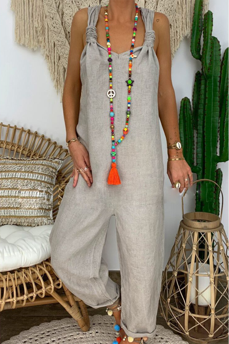 Monos casuales holgados con escote en V anudado, espalda descubierta y lisos (6 colores)