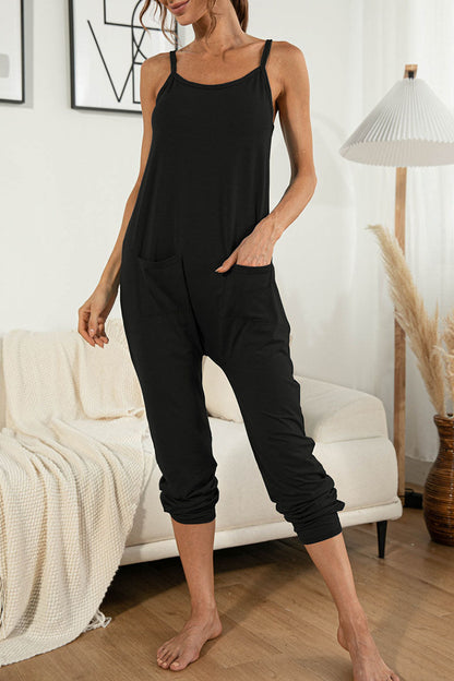 Mono holgado informal de moda con bolsillos sólidos y tirantes finos (4 colores)